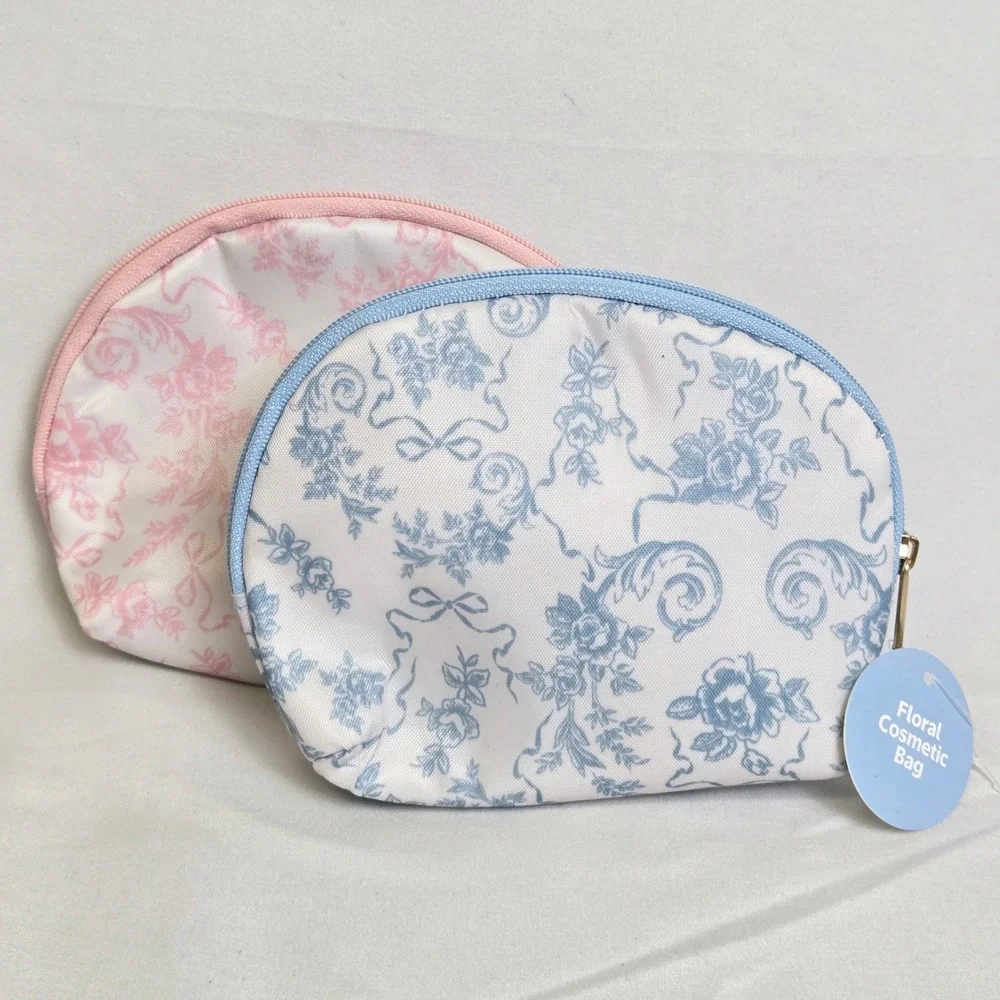 Set of 2 Floral Travel Cosmetic Zipper Pouches White Blue Pink 5.5